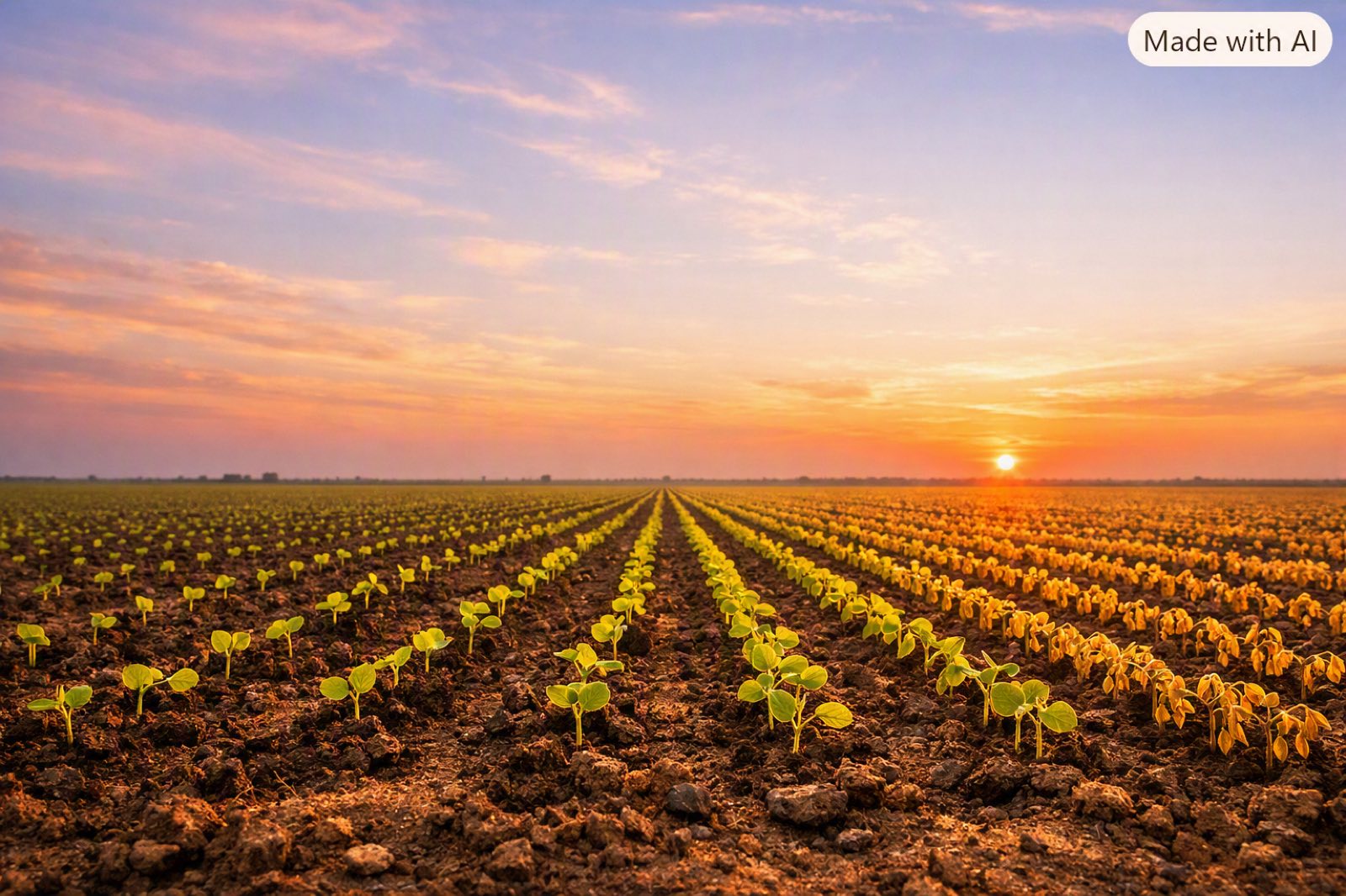 Brotos germinando nas linhas de plantio ao entardecer